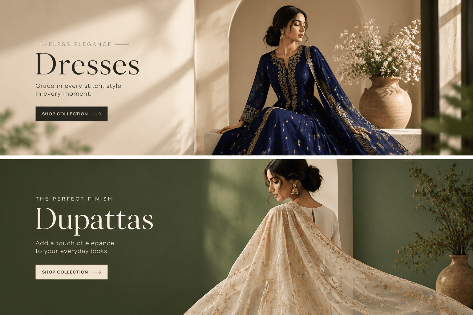 Shehla Collection editorial banner showcasing dresses and dupattas