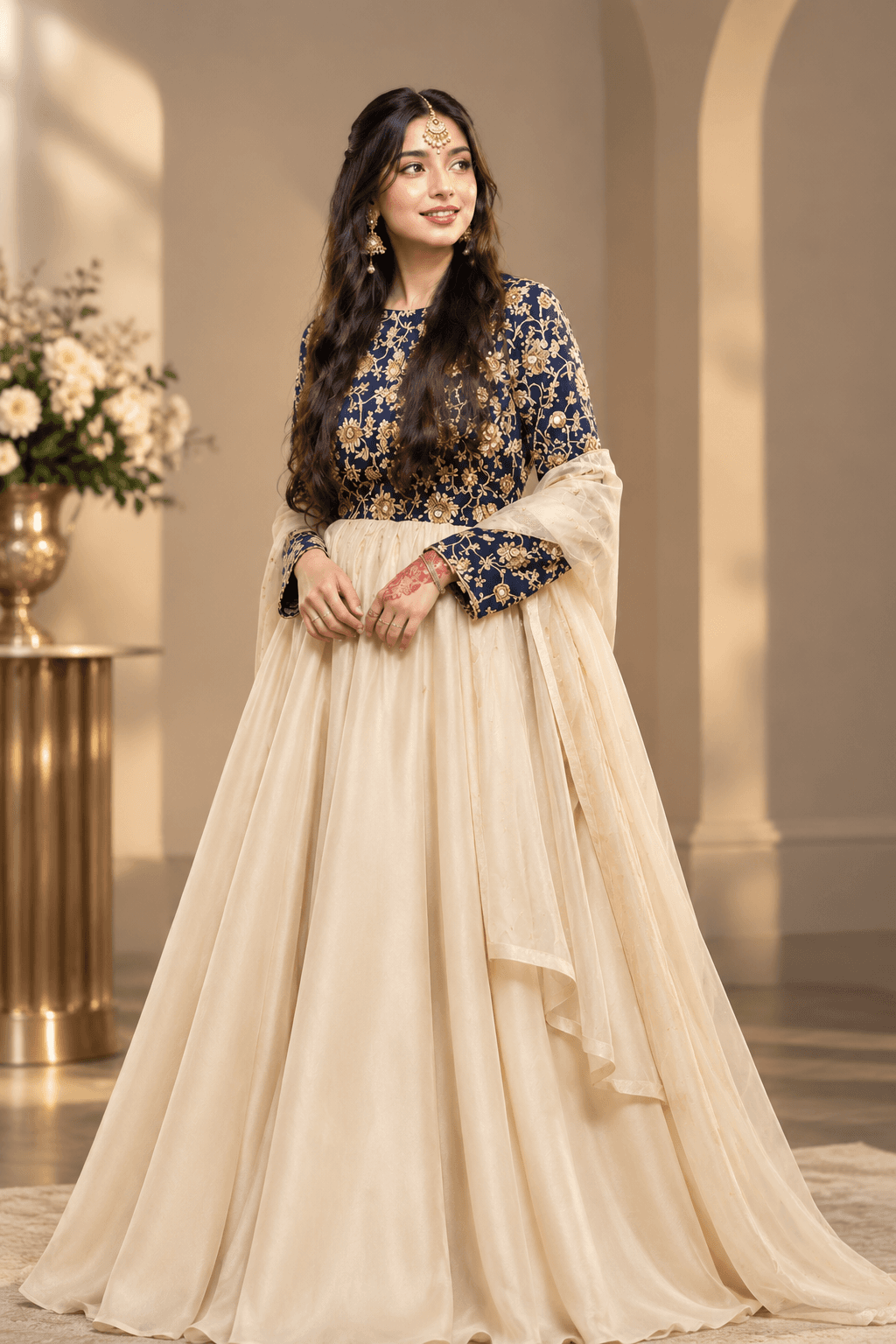 Royal Navy Embroidered Anarkali Gown front view
